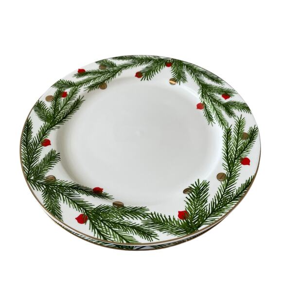 NEIMAN MARCUS Christmas Pine Dinner Plates 12.6in Green & White 4pc Boxed Set - Picture 10 of 16